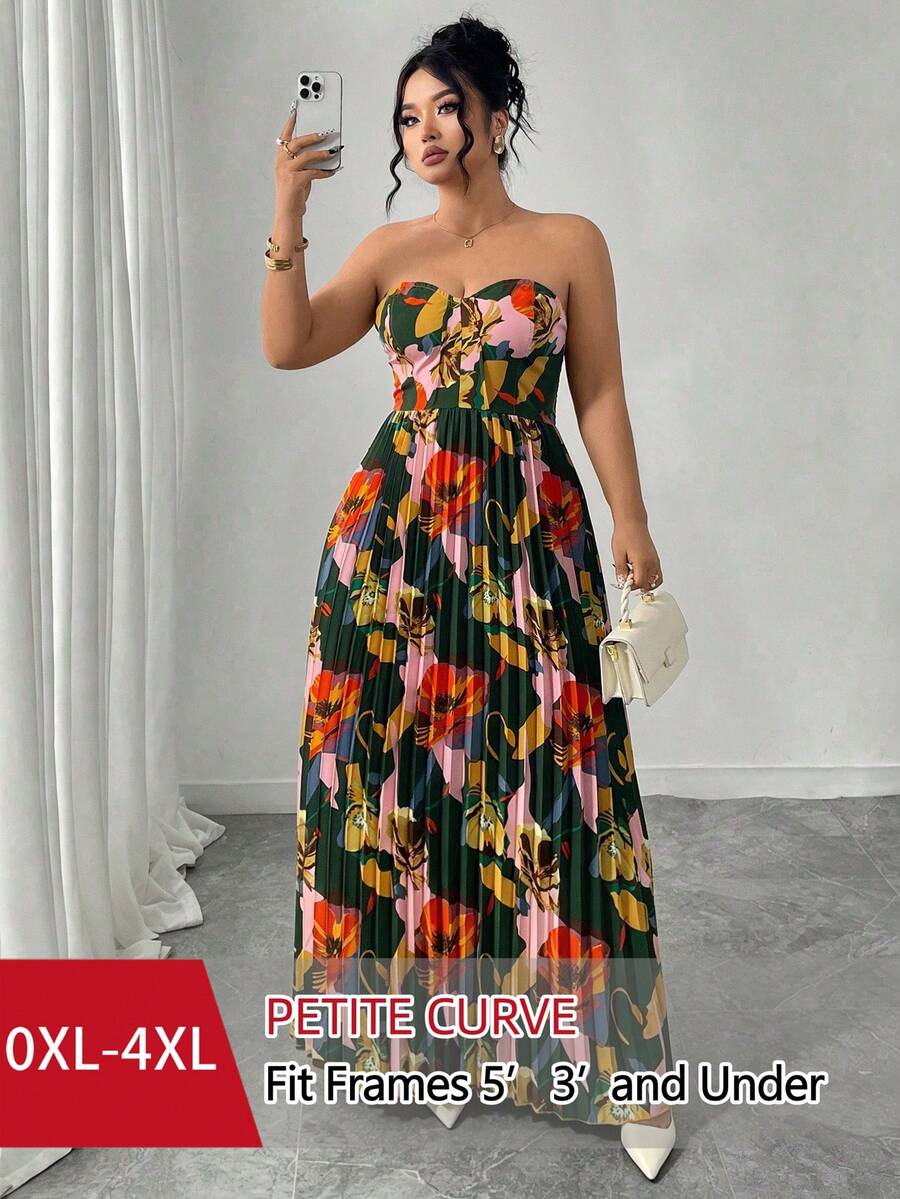 SHEIN PETITE CURVE 大码短款女士度假印花吊带连衣裙,百褶长裙,修身剪裁,尽显身材曲线。适合海岛度假、海滩派对、情人节氛围、旅行摄影、度假时尚。简约大码女装。 - 彩色 - 查看 1