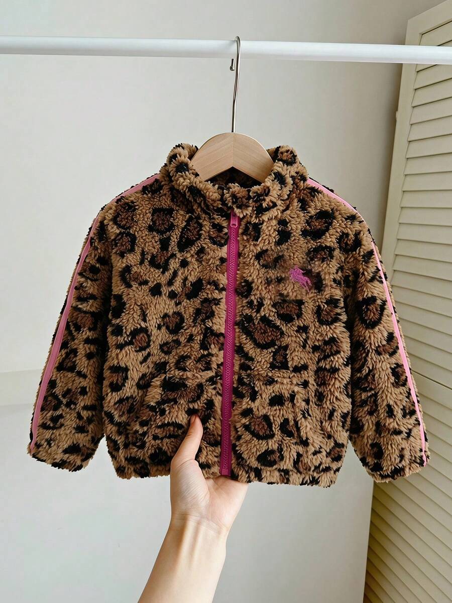 SHEIN Babygirl Cute Autumn/Winter Leopard Print Fuzzy Striped Stand Collar Jacket - Brown - View 1
