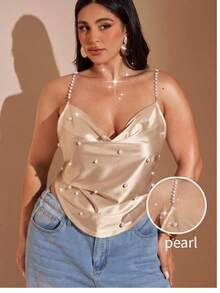 SHEIN BAE CURVE 大尺碼女款白色珍珠珠飾垂領細肩帶背心上衣 - 杏色 - 查看 1
