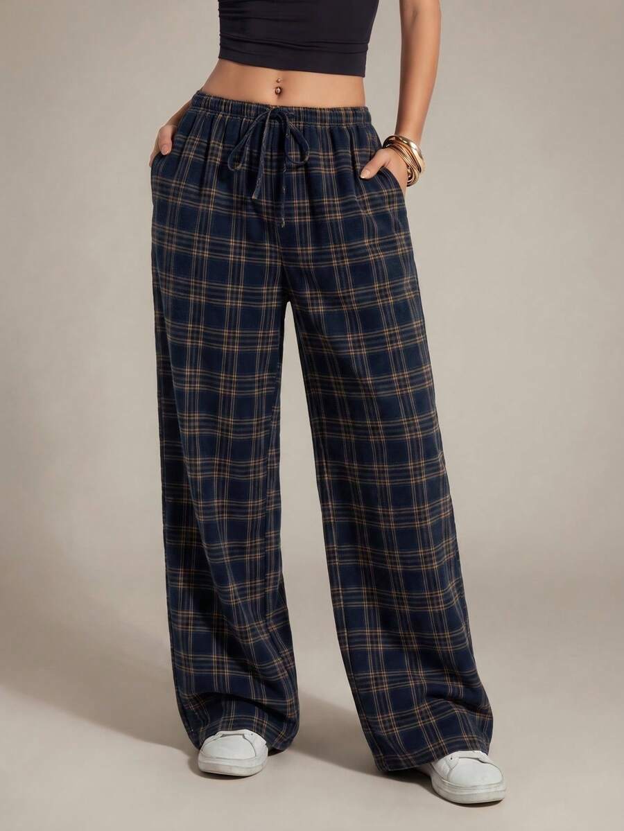 SHEIN Tall Plaid Printed Drawstring Waistband Slanted Pocket Loose Casual Preppy Wide Leg Pants, Tall Women School Navy Autumn