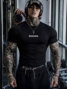 GymBeat 男士字母印花休閒日常旅行運動T恤 - 黑色 - 查看 1