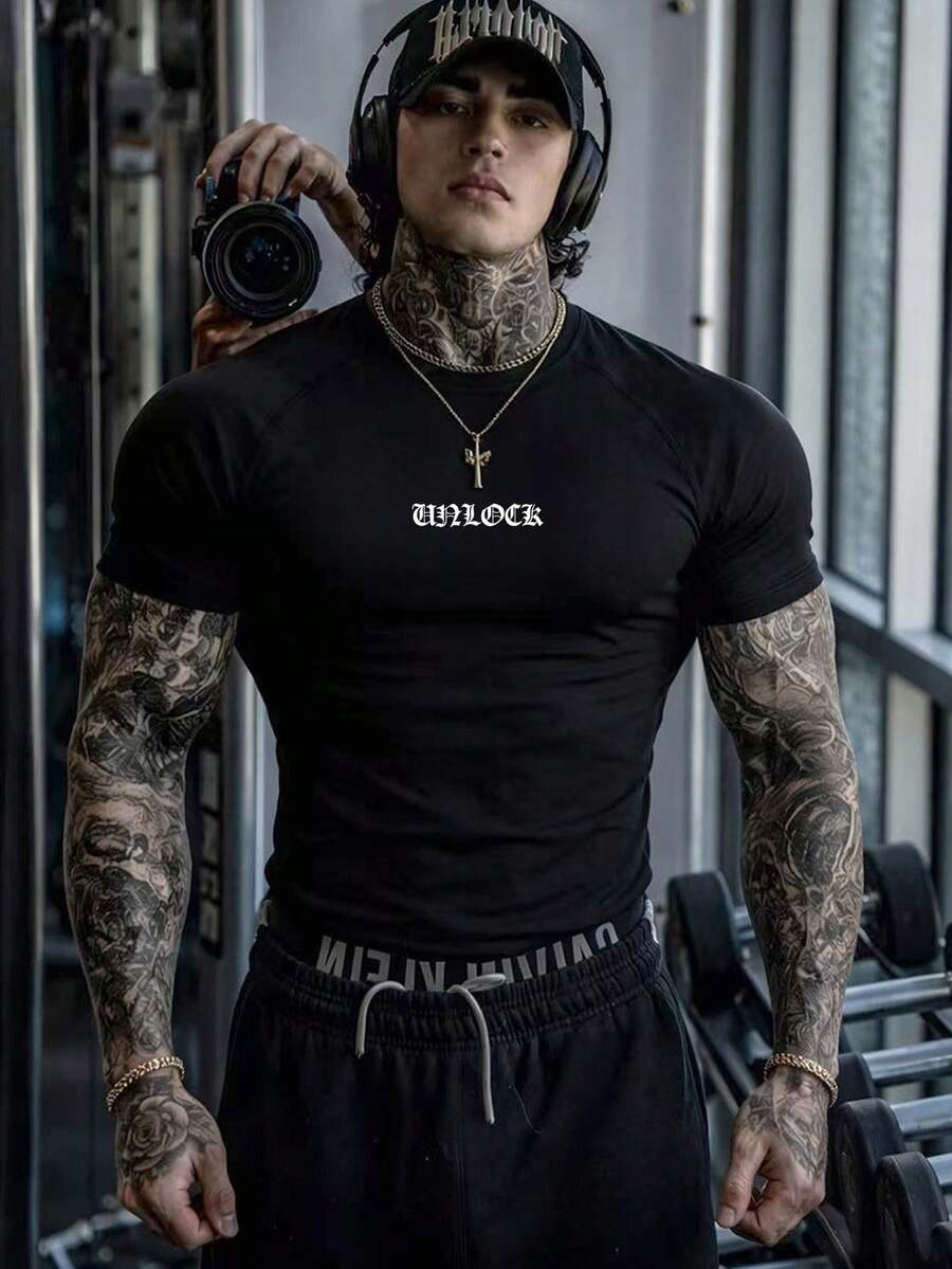 GymBeat 男士字母印花休閒日常旅行運動T恤 - 黑色 - 查看 1