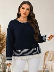 EMERY ROSE Plus Size Jacquard Lace Patchwork Pullover Sweater For Vacation Winter - Royal Blue - View 5