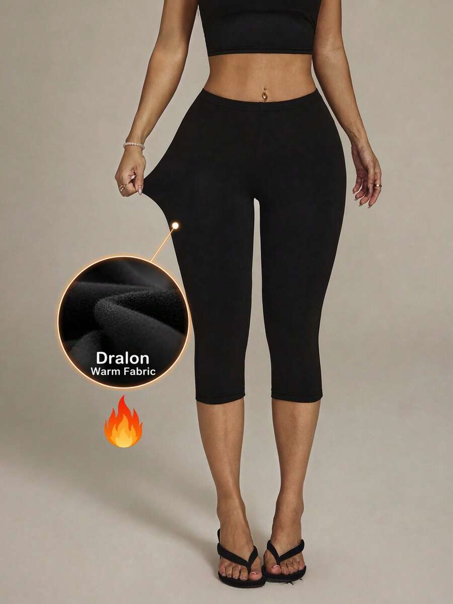 SHEIN PETITE Casual Versatile Solid Color 7/10 Length Leggings - Black - View 1