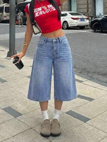 SHEIN Tween女孩休閒日常牛仔寬腿褲，附口袋與鈕扣設計 - 中等水洗藍 - 查看 2