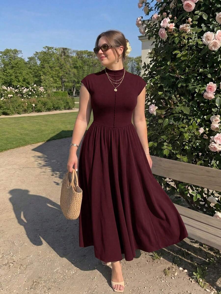 SHEIN MOD Plus Size Women's Brown High Neck Long Knit Dress,Valentine's Day,Wedding,Elegant Dresses,White Dress,Wedding Guest Dress For Women, Spring/Summer Outfits, Tea Party Outfit Women, Holidays, Birthday - Burgundy - View 1