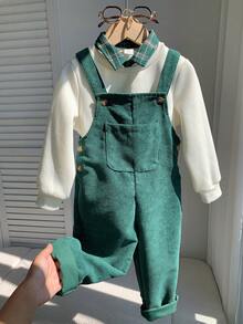 SHEIN Kids Young Boy/Girl, Young Boy 2pcs Autumn/Winter Casual Fashion Sweatshirt Set, POLO Collar Sweatshirt And Green Corduroy Overalls Set, Young Boy Autumn/Winter Clothes, Outfits, Squishy - Green - View 3