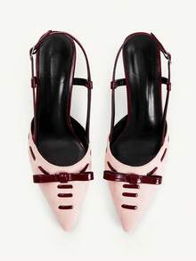 CUCCOO CHICEST New Pink Brown Color Matching Bow Pointed Slingback Sandals Women's High Heel Commuting Versatile Low Vamp Elegant Shoes - Pink - View 2