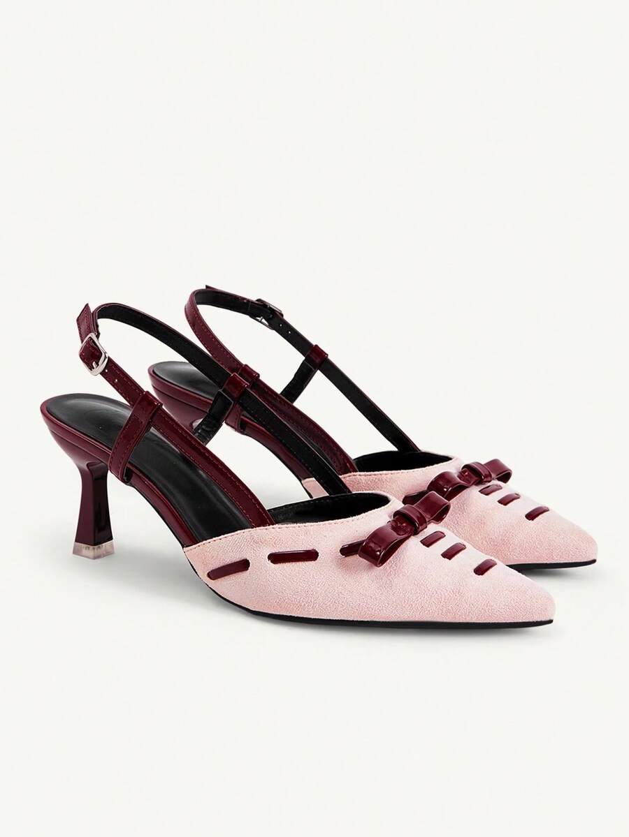 CUCCOO CHICEST New Pink Brown Color Matching Bow Pointed Slingback Sandals Women's High Heel Commuting Versatile Low Vamp Elegant Shoes - Pink - View 1