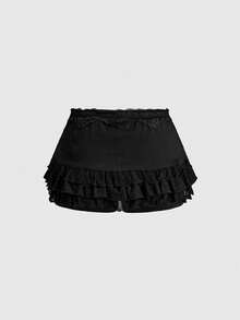 ROMWE Grunge Punk Women's Spring Break Concert, Rave Festival Low Waist Lace Trim Sexy Vintage Multi-Layer Ruffle Tiered Skort With Drawstring Bowknot - Black - View 2