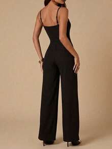 SHEIN BAE Women's Solid Black Lace Neckline Patchwork Built-In Padded Elegant Minimalist Spaghetti Strap Wide Leg Jumpsuit, Suitable For Dating, Nightclub, Outing, Bodycon Shapewear, Party, Black Jumpsuit, Music Festival, Brunch - Black - View 2