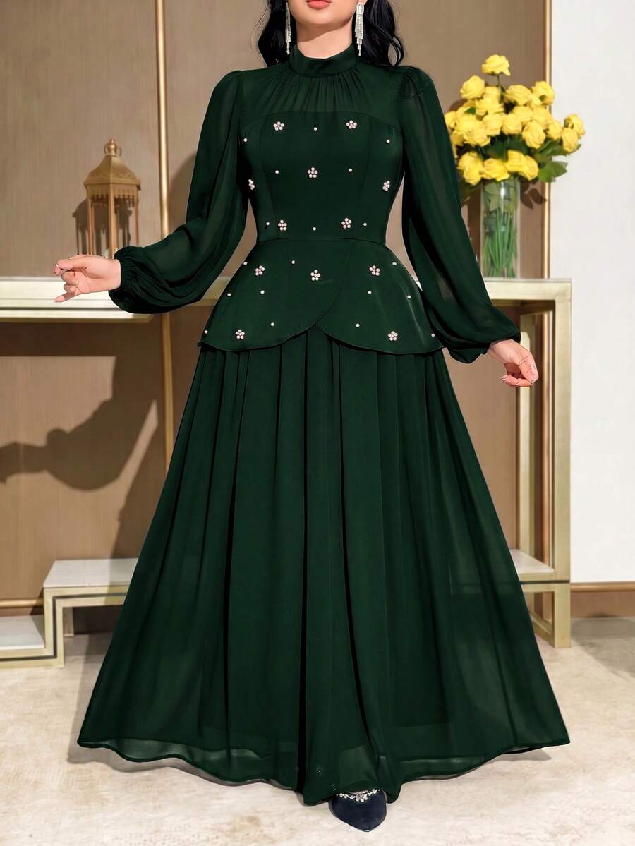 Modelyn 大尺碼女款人造珍珠裝飾立領休閒派對與旅行洋裝 綠色 - 墨綠色 - 查看 1