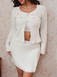 CovetEZ Plus Size Women's 3D Floral Decor Long Sleeve Knit Cardigan And Skirt Set Date Night Cocktail Wedding Guest Dinner Formal Party White Autumn - White - View 7