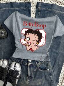 Attitoon Betty Boop x SHEIN 女款休閒抓皺腰方領 Betty 聯名修身短袖 T 恤，適合夏季，時尚 Y2K 風格 - 淺灰色 - 查看 5