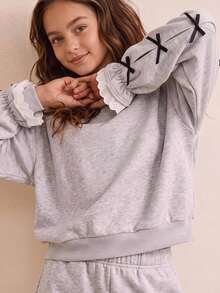 SHEIN Sparklyn 女童韓式刺繡蕾絲領拼接喇叭袖落肩寬鬆套頭運動衫，單件，適中厚度，適合春秋日常休閒、返校、度假穿著 - 灰色 - 查看 9