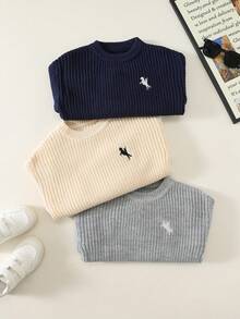 SHEIN 3件組/返校季男童小男孩黑色灰色卡其色百搭紋理鬆款套頭秋季毛衣，Y2K，假日，生日男孩，Lmoss Kids - 彩色 - 查看 4