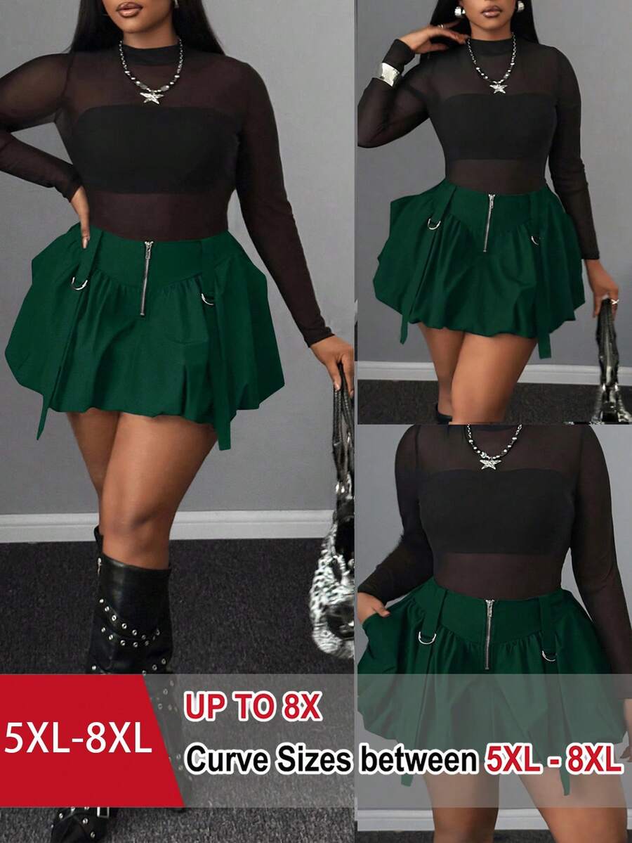 SHEIN CURVE+ 秋冬女款大尺碼性感休閒通勤純色拉鍊荷葉邊下擺裙 - 墨綠色 - 查看 1