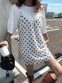 DAZY 女款蕾絲拼接無袖 2 合 1 短袖洋裝 Y2K 夏季陽光裙 - 白色 - 查看 2
