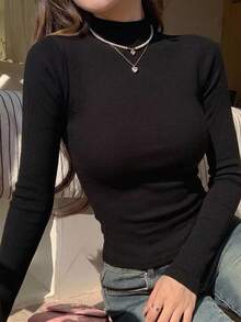 DAZY 女款高領修身長袖內搭T恤 - 黑色 - 查看 3
