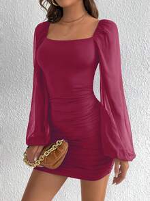 SHEIN Tall Tall Square Neck Lantern Sleeve Ruched Side Bodycon Dress,Business Casual Woman,Autumn/Winter,Tall Women - Red - View 4