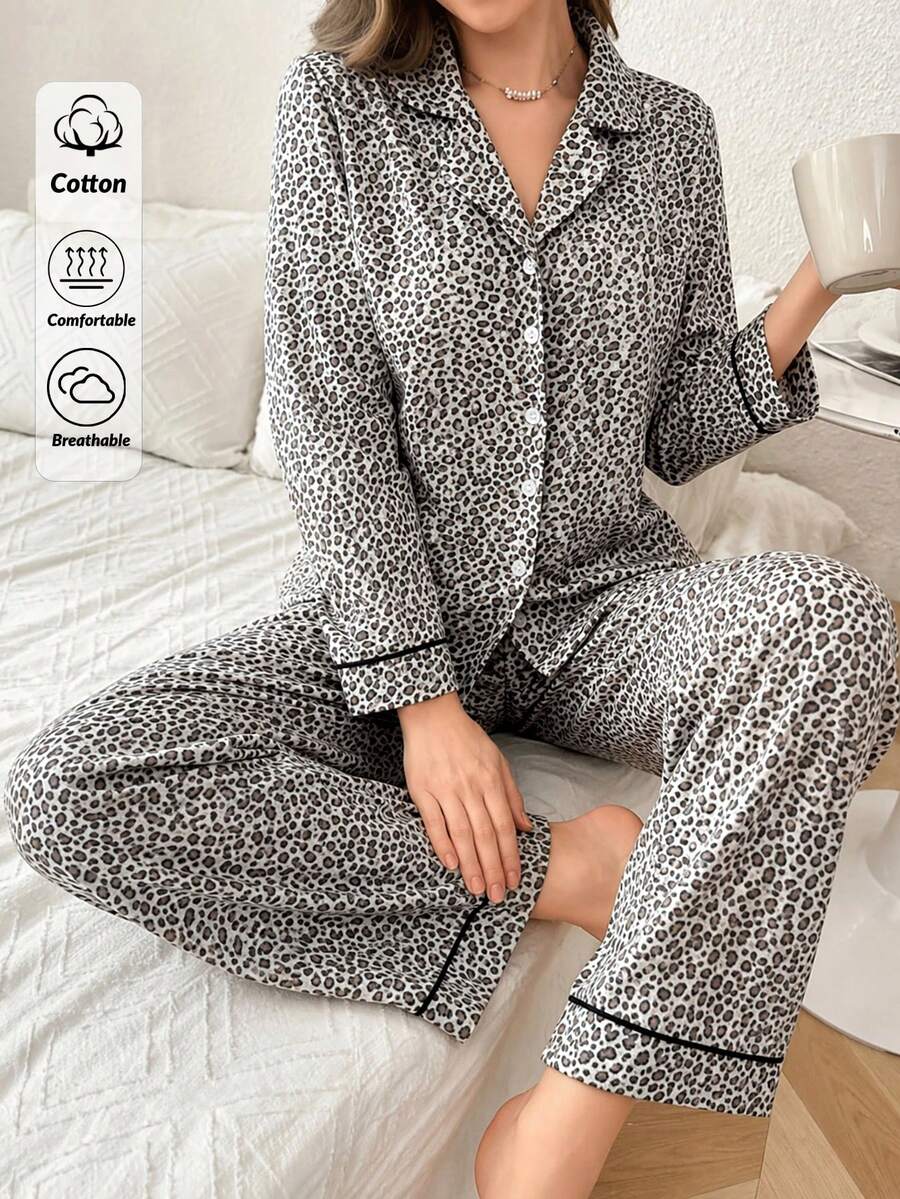 SHEIN 休閒對比滾邊豹紋寬鬆睡衣套裝 - 彩色 - 查看 1