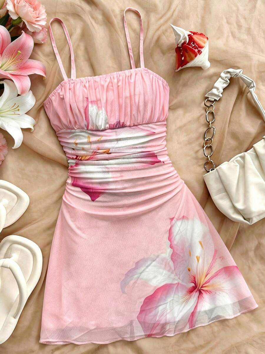 SHEIN 少女休闲碎花无袖连衣裙,夏季 - 棕色 - 查看 1