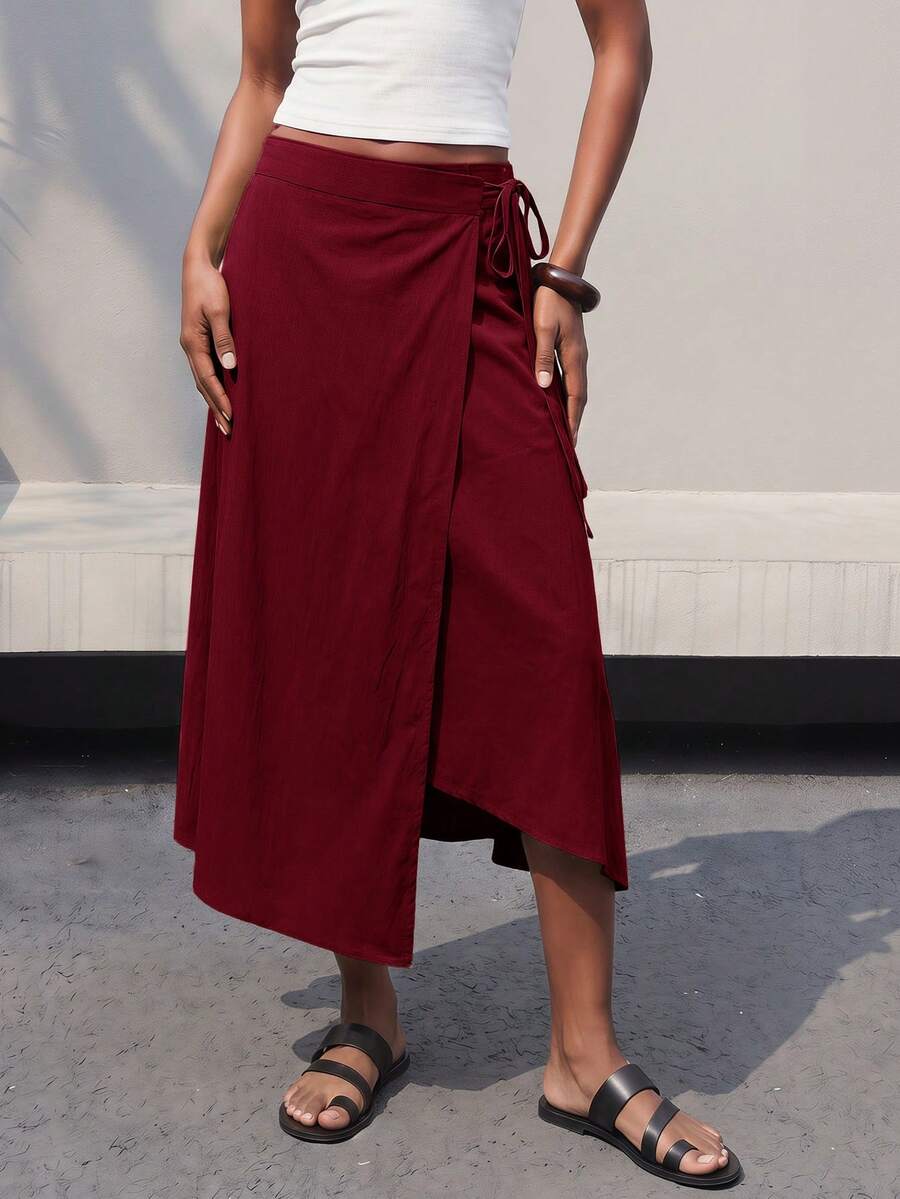 Maija Women's Summer Casual Solid Color Tie Wrap Skirt - Burgundy - View 1