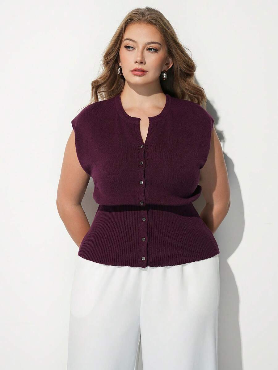 Maija Plus Size Women's Solid Color Casual Versatile Daily Knit Top - Burgundy - View 1