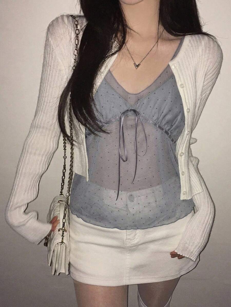 DAZY 女款波點雪紡休閒日常穿搭上衣 - 灰色 - 查看 1