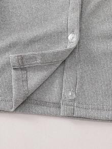 Autumn/Winter Gentle Gray Ribbed Knit 2 Pieces Set For Girls, Slim Fit Short Single-Breasted Round Neck Long Sleeve Top And High-Waist Drawstring Draped Wide Leg Pants, Casual Versatile - Grey - View 5