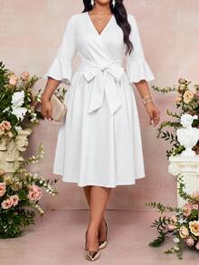 Fleurora Plus Size Elegant Party Solid Color Dress With Belt Fall - White - View 6