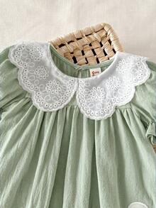 Cozy Pixies Baby Girl Floral Print Peter Pan Collar Puff Sleeve Dress - Mint Green - View 3