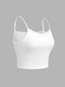 SHEIN Essnce 2件/套 95%纯棉无胸罩衬垫休闲简约百搭吊带背心，蕾丝拼接，黑白配色，适合度假、夏季穿着 - 白色 - 查看 4