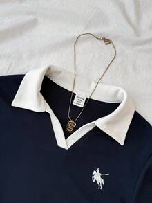 SHEIN 少女撞色领针织休闲修身短款上衣，饰有小号Logo刺绣，藏青色和白色 - 寶藍色 - 查看 4