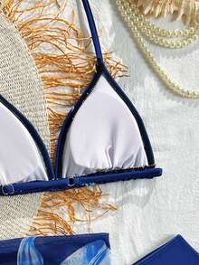 SHEIN 2pcs Tween Girl Bikini Sets Light Color Lily Flower Swimwear Adjustable Straps Conservative Comfortable Anti-Exposure Summer Simple Fashion Cute French Vacation Passionate Hawaiian Style Suitable For Holiday Suitable For New Year Suitable For Spring Break Suitable For Beach Suitable For Seaside - Navy Blue - View 6