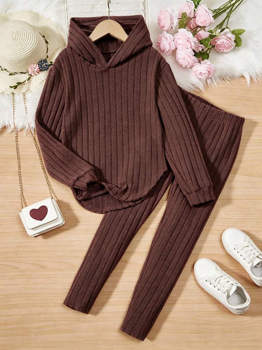 Girls' Knit Ribbed Hooded Asymmetrical Hem T-Shirt & Leggings 2 Pieces Set - Brown - View 1