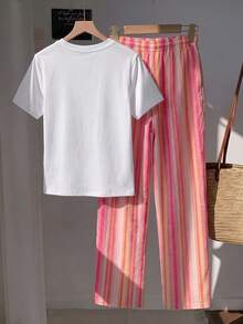Comfortcana 2pcs/Set Embroidered Round Neck Short Sleeve Top And Striped Print Pants, Casual - Pink - View 2