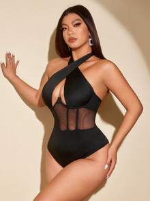 SHEIN PETITE CURVE 大码女式春夏黑色蕾丝性感镂空弹力休闲法式针织百搭舒适叠穿上衣，优雅性感年轻女士服装 - 黑色 - 查看 4