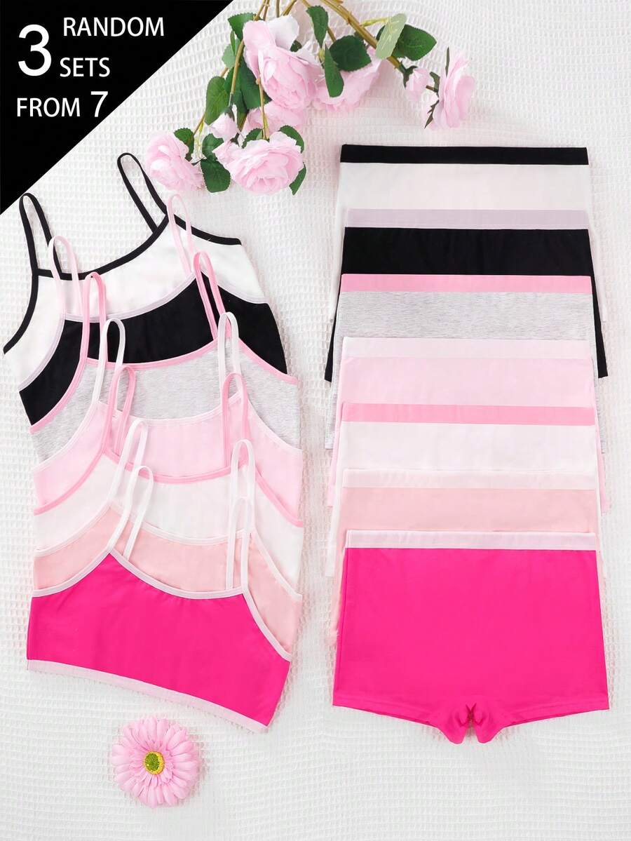 7 Sets Random 3 Sets Tween Girls Simple Basic Solid Color Letter Contrast Camisole & Shorts Underwear Set - Multicolor - View 1