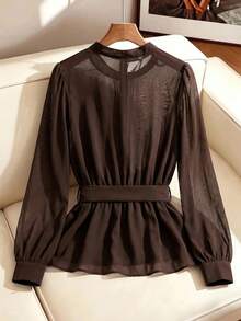 SHEIN Clasi 女款純色百褶休閒成熟日常長袖襯衫，優雅日裝派對茶會辦公晚餐夜間上衣，深棕色夏季 - 摩卡棕 - 查看 4