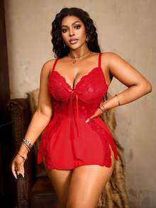 Bare Chapter 1pc V-Neck Lace Contrast Mesh Short Nightgown, Plus Size Sexy Sheer Red Spaghetti Strap Lingerie - Red - View 4