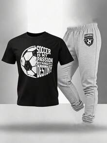 SHEIN 2件組青少年男孩休閒字母印花圓領套頭上衣套裝，適合夏季 - 彩色 - 查看 9