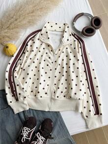 Comfortcana Plus Size Yellow Stand Collar Polka Dot Retro Sports College Sweatshirt Fall - Light Yellow - View 8