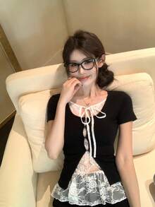 DAZY Women's Summer 2 In 1 Ruffle Bow Tie Short Sleeve T-Shirt - Black - View 3