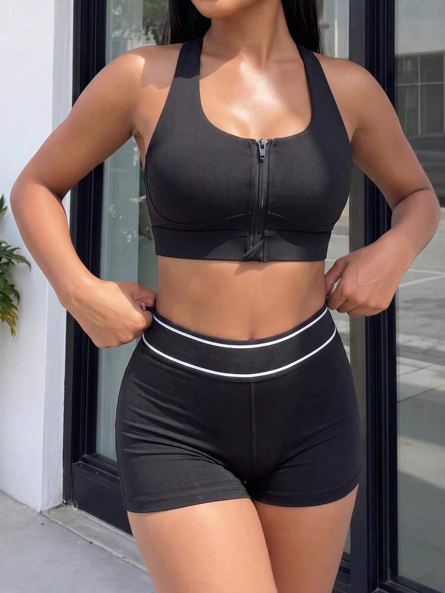 Zolique Sports Fashion Bra With Removable Padding, Front Full Zip, High Support, Criss-Cross Back Design Sports Underwear - Black - View 1