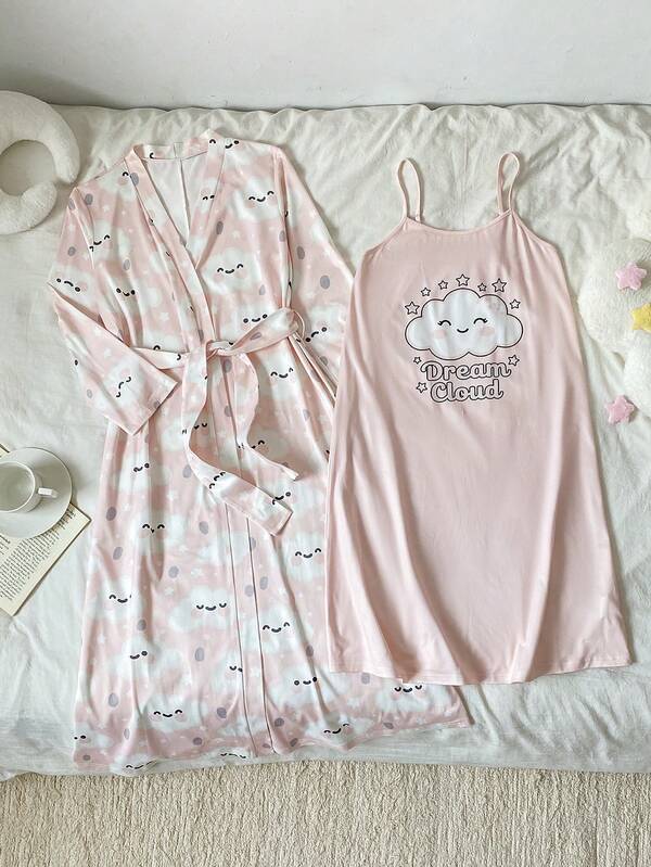 Casual Cute Cloud Print Camisole & Robe 2 Pieces Set
