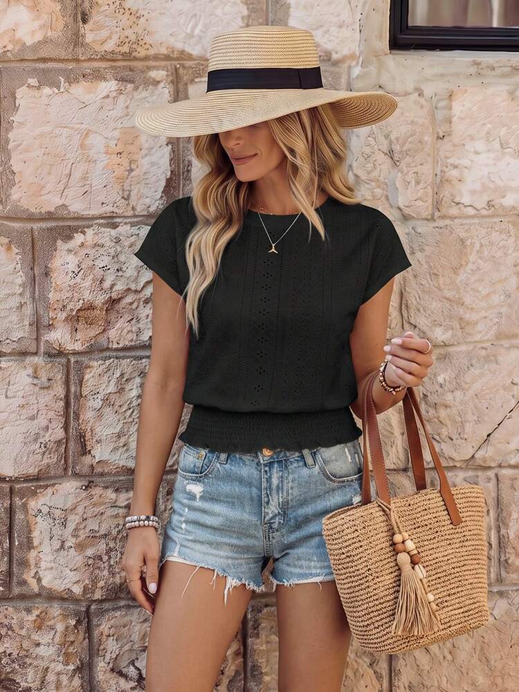 EMERY ROSE Camiseta de verano para mujer con cuello redondo, cintura elástica y diseño de tela con textura ajustado al Body - Negro - Añade 1
