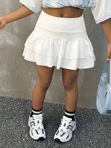 Coolane Kids 青少年女孩夏季街头服饰 Y2K 热带度假风天鹅绒可爱荷叶边多层迷你裙 - 白色 - 查看 1