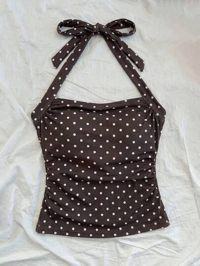 SHEIN Tween Girl Brown And White Polka Dot Summer Vintage Vacation Holiday,Knit Pink Hibiscus Print Halter Ruched Fitted Camisole,Spring Fashionable Top