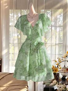 Celisse Semi-Transparent Ruffle Trim Collar Short Dress Digital Print - Aqua Green - View 5